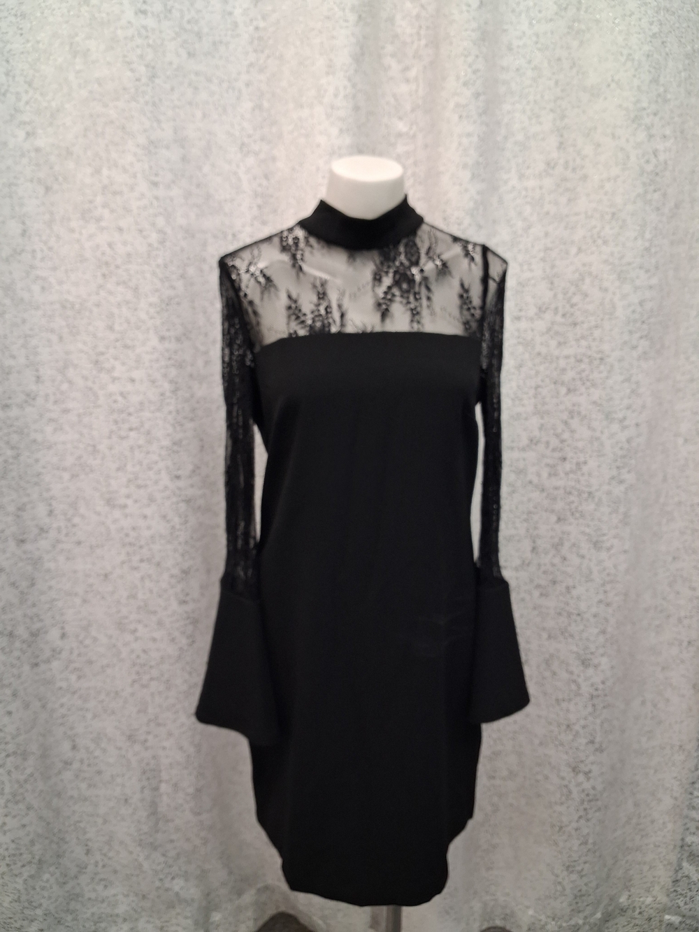 Nicole Miller Black Sheer Lace Yoke Long Sleeve Dress